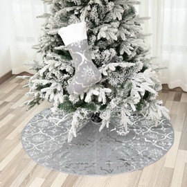 122 cm Christmas Tree Blanket, Christmas Tree Blanket with Christmas Stocking, Christmas Tree Skirt with Snowflake Pattern Christmas Blanket for Christmas, Holiday, Party (Grey)