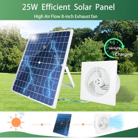Solar Exhaust Fan, 25W Waterproof Solar Panel 8 Inch Ventilation Vent Fan for Greenhouse,Chicken Coop,Shed, Garage, Attic, Barn, Workshop Outside,14.8ft Cable