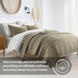 HORIMOTE HOME 100% Cotton Quilt Queen Size Olive Green Bedspread, Pre-Washed 3-Piece Cozy Lightweight Stitching Bedding Cover Coverlet Set with 2 Shams in Geometric Pattern for All Season