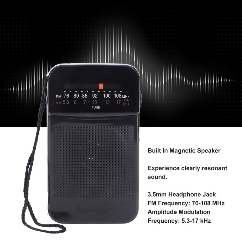 Portable AM FM Radio Black Color Headset Pluggable Built in