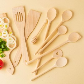 tuuli Kitchen Utensil Set Wooden Beech Kitchen Accessories (6 x Cooking Spoons, 2 x Spatulas, Honey Spoons)