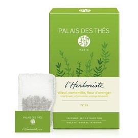 Palais des Thés - Organic L'Herboriste N°74 - Premium Gourmet Herbal Tea with Limeflower, Chamomile, and Orange Blossom - 20 Count Biodegradable Cotton Tea Bags Box