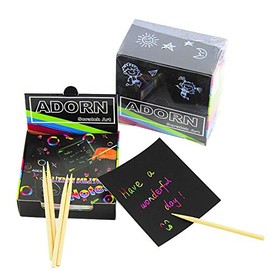 Adorn Gift Rainbow Scratch Notes 125 Paper Sheets, with 5 Drawing Wooden Styluses, Arts & Crafts Kits for Kids (2 Pack)