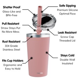 CUPKIN Toddler Tumblers - The Original 12 oz Stackable Stainless Steel Cups - Set of 2 Powder Coated Insulated Kids Water Bottle Alternative + BPA Free Lids + Reusable Silicone Straws (Rust + Salmon)