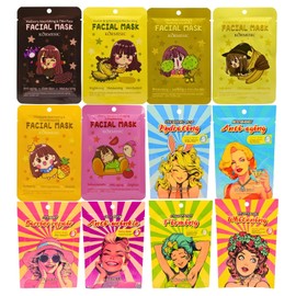 Kit de 12 Mascarillas faciales coreanas surtidas - Ceramidas, resveratrol, acido hialuronico, oligopeptidos, colageno, nicotinamidas, esencias de plátano, moras, duria, olivo, piña y tomate cherry