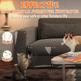 THLHKD 16 Pcs Cat Couch Protector, Single Side Anti Scratch Furniture Protector with 4 Holes, Cat-Friendly, Easy to Stick & Fix, Couch Protector from Cat Claws for Living Room(16P+70 Pins)
