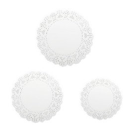 Bliceon 150 Pcs Round Paper Doilies, White Decorative Doilies in 3 Sizes for Buffet, Cakes, Fried Food, Party, Wedding and Table Decorations, Hite louvre Paper Circle