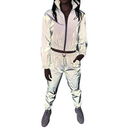 Women Rave Reflective Zip Up Long Sleeves Crop Top Jacket Sweatshirt or Jogger Pants with Pockets