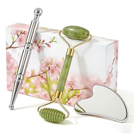Stainless Steel Gua Sha & Jade Roller Set, Facial Massage Tools for Skin Firming, Facial Sculpting & Daily Self Care
