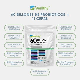 Wellthy Probioticos 60 Billones 11 Cepas. 60 Cápsulas 2 meses de Consumo, Cápsulas Veganas, DRcaps® Acción Prolongada, Bottle Free.