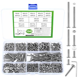1040 Pcs M3 Screws Set, M3 Bolts and Nuts Set, Assorted Nuts and Bolts Set, Hex Socket Head Cap Screws Bolts and Nuts Set with Washers Set, Pan Head Round Head Machine Screws Assortment Kit