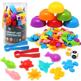 BelleStyle Colour Sorting Toys,66 Pcs Montessori Ocean Animal Counting Toys with Bowl,Dices and Tweezers,Colour Sorting Sensory Toy,Montessori Color Matching Educational Learning Toys for 3+ Years Old