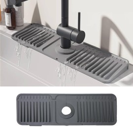 Stargaz Silicone Faucet Mat for Kitchen Sink, 6° Sope Kitchen Sink Splash Guard, Faucet Draining Mat of Sink Accessories With Button Lock, Handle Drip Catcher Tray, Sponge Holder (Grey, 17.7”×5.5”)