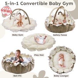 5-in-1 Thick & Plush Baby Play Gym, Baby Play Mats for Floor, Tummy Time Mat with 6 Toys, Cat Bed, Dog Bed, Convertible Stage-Based Developmental from Baby to Toddler, Ball Pit, Pet Cushion, Brown