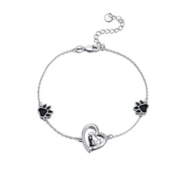 VONALA Cat And Dog Bracelet 925 Sterling Silver Heart Link Chain Bracelet Black Paw Jewelry Gifts For Women Cat Lover