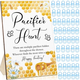 Roowest 51 Pcs Pacifier Hunt BabyShower Games Include Wooden Hunt Sign and 50 Acrylic Mini Plastic Pacifiers for BabyShower Game Decoration Gift Sets Gender Reveal Party
