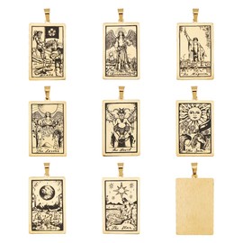 DICOSMETIC 8 Styles 8 Pieces Golden Tarot Pendant Made of Stainless Steel Rectangular Card Pendant Lucky Moon Star Death Protective Pendant Divination Amulet Pendant with Jewellery Clasp for DIY
