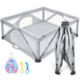 ANGELBLISS Baby Playpen, Foldable Playpen for Babies and Toddlers, Indoor & Outdoor Baby Activity Center with Visible Breathable Mesh, Portable Play Yard with 2 Handlers+50 Balls