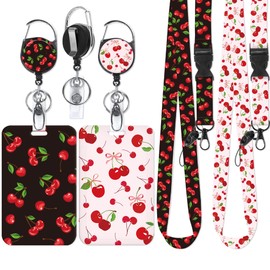 2 Pack Badge Holder with Retractable Reel Clip and Lanyard, Cherry Bow Pink & Black Teacher Lanyard with ID Holder, Gifts for Women Teachers Students Office Workers