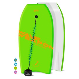 Own The Wave 33 Inch Body Board Pack with EPS Core and HDPE Slick Bottom - Lightweight and Buoyant Perfect for Surfing - Comes with Coiled Leash and Swim Flippers Savers (Green & Orange)
