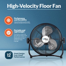 PAMI 12 Inch High-Velocity Floor Fan, With 3 Speed Levels & Carry Handle- Powerful Air Flow, Metal Industrial Fan With Adjustable Head- Heavy-Duty Electric Box Fan For Bedroom Home Office