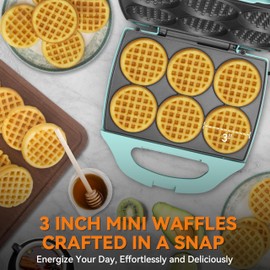 Baker's Friend Multi Mini Waffle Maker Machine, 6 x 3'' Small Waffle Iron, Perfect for Families and Individuals Use, Excellent Choice for Breakfast Brunch Parties & Events, Aqua