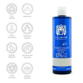 Valquer Professional Shampoo Power Colour Dyed Hair Vegan and Sulphate Free (Silver) Hair Colour Enhancer - 400 ml