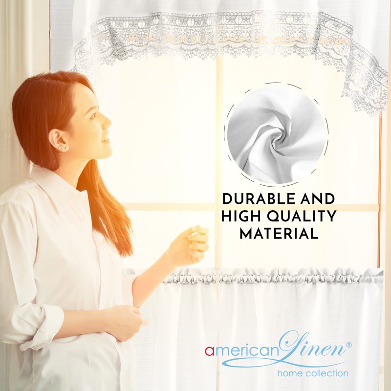 Café Curtains for Kitchen, Bathroom Curtains with Valance, Embroidered Lace