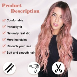 NAYOO Long Ombre Pink Wavy Wig for Women 26 Inch Middle Part Curly Wavy Wig Natural Looking Synthetic Heat Resistant Fiber for Daily Party Use (Ombre Pink)