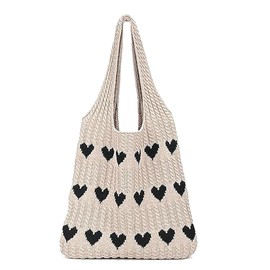 FAINCA Strandtasche UmhäNgetasche Damen, 30x36cm HäKeltasche, HerzföRmige Strandtasche Damen, Teenager und Mädchen Gestrickte Tasche, Tote Bag für Einkaufen Urlaub Reise (Khaki)