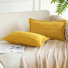 Artscope Mustard Yellow Cushion Covers Set of 2 Corduroy Decorative Square Striped Pillowcase with Stitched Edge Pillow Covers 30x50cm for Home Decor Sofa Bedroom Car