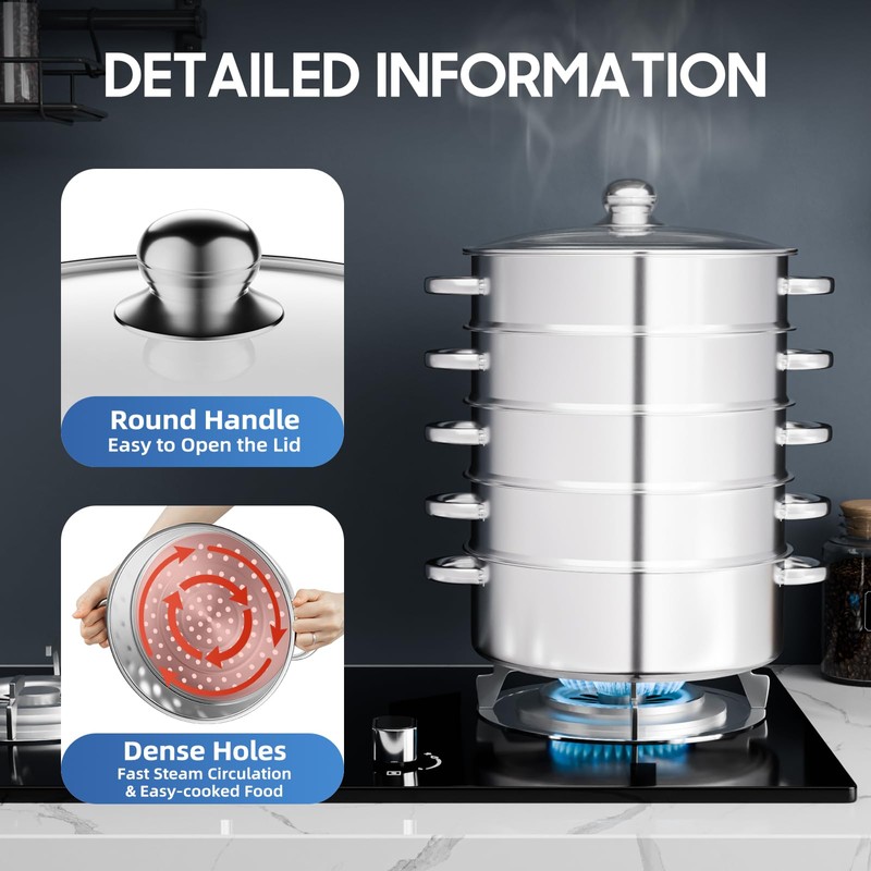 XUANIIIL 5 Tier Steamer 11 Inch Stainless Steel Steam Cooker