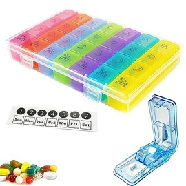 GNEL Pastillero Semanal 4 tomas con cortador de pastillas, Pastillero de Viaje 7 Días, Pastilleros Diario con 28 Compartimentos, Pill Organizer para Vitaminas, Suplementos y Medicamentos (Multicolor)