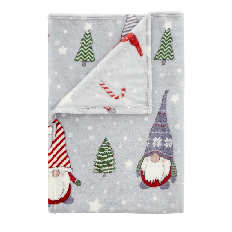 Catherine Lansfield Christmas Gnomes Fleece Cosy 130x170cm Blanket Throw Grey