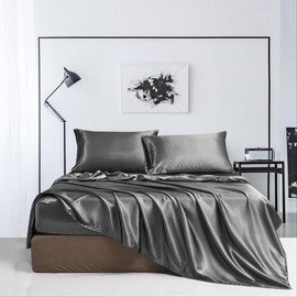 Solid Color Silky Fabric Bedroom Bedding Set, Including Fitted Sheet, 1 Set Including 1 Flat Sheet & 1/2 Pillowcase without Filler, Modern Soft Comfortable Satin Bedding Set for Home - Color: Gray, Size: King