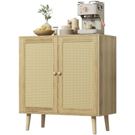 Huuger Buffet Cabinet with Storage, Storage Cabinet with PE Rattan Decor Doors, Accent Sideboard Buffet with Solid Wood Feet, for Hallway, Entry, Living Room, Natural