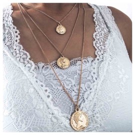 Yheakne Boho Layered Coin Disc Necklace Choker Gold Portrait Locket Pendant Necklace Vintage Multi Layered Necklace Chain Jewellery for Women and Girls (Gold A)