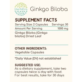 HerbEra Ginkgo Biloba 60 Capsules, 500 mg, Ginkgo Biloba (Ginkgo Biloba) Dried Leaf (60 Capsules)