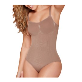 CURVEEZ Bodysuit for Women Tummy & FUPA Control Shapewear Seamless Sculpting Thong Full Bust Body Shaper Compression Tank Top (Brief, Small, Mocha)