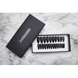 IMPRESSED Luxury Press on Nails 24 pcs Long Fake Coffin Nail Tips Matte Black Rhinestone Design False Nails with Adhesive Nail Glue Tabs (Matte black)