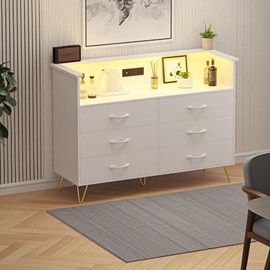 GarveeHome White Dresser for Bedroom with Power Outlet & LED Light, 6 Wooden Drawers Dressers with 2-Tier Open Shelves, Modern Chest of Double Wide Drawers for Living Room, Entryway, Hallway TV Stand