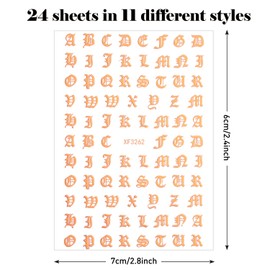 Maitys 24 Sheets Letters for Nails Old English Nail Stickers 3D Holographic Letter Self-Adhesive Gold Old English Alphabet Nail Decals for DIY Women(Classic Colors)