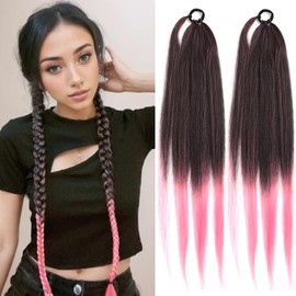Ponytail Extensions 2 PCS Synthetic With Hair Tie Wrap Around Hair Braid Extensions Chignon Tail Rubber Band Hair Ring 26 Inch Ombre Braid DIY Black Ombre Pink