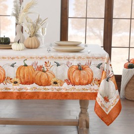 Softalker Autumn Tablecloth Washable 140 x 240 cm Jacquard 210 GSM Terracotta Square, Pumpkin, Leaves, Elegant Design, Modern, Easy Care Tablecloth for Banquets, Guests, Parties, Autumn Table