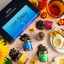 Hallingers Happy Birthday - 5 Types Tea Gift Set for Birthday, Vegan & Gluten Free in Screw Jars (Set) - Gift in Summer & as a Perfect Barbecue Gift | Birthday Congratulations Recovery Dan