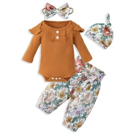 Cemion Newborn Girls Outfits 0-3 Months Ribbed Knit Romper Floral Pants Set with Headband Soft Baby Clothes (Orange-Brown)
