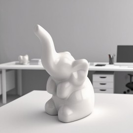 Chiorgone White Ceramic Elephant Figurine - Cute Lucky Feng Shui Home Decor Accent - Minimalist Animal Statue Desk Ornament Gift