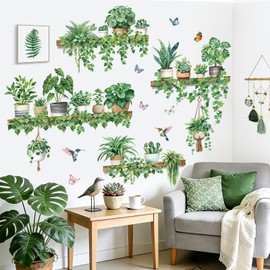 decalmile Green Pot Plants Wall Stickers Tropical Leaf Hanging Vines Leaves Bird Wall Decals Living Room Tv Background Bedroom Home Decor