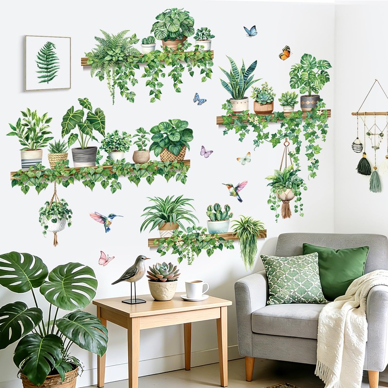 decalmile Green Pot Plants Wall Stickers Tropical Leaf Hanging Vines