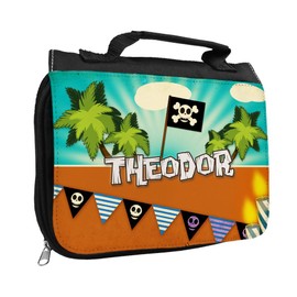 Kulturbeutel mit Namen Theodor und Piraten-Motiv für Jungen | Kulturtasche mit Vornamen | Waschtasche für Kinder